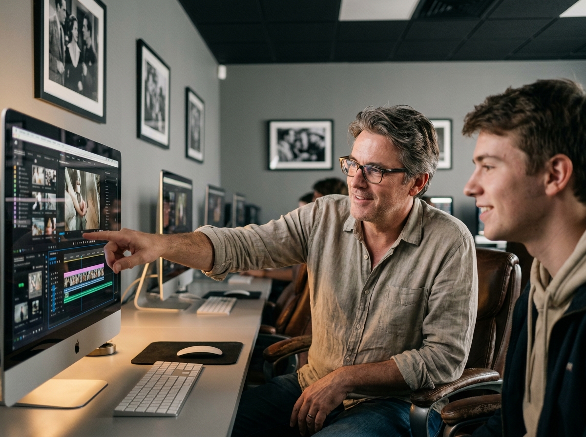 Professeur de cinéma guidant un étudiant lors d'une session de montage vidéo dans une salle de post-production d'école audiovisuelle