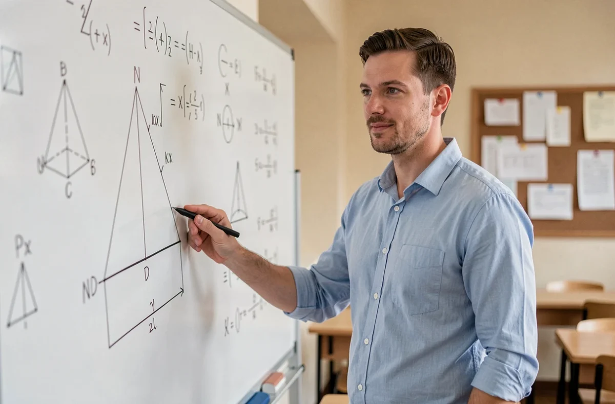 Professeur de mathématiques expliquant le volume d'une pyramide à base triangulaire au tableau