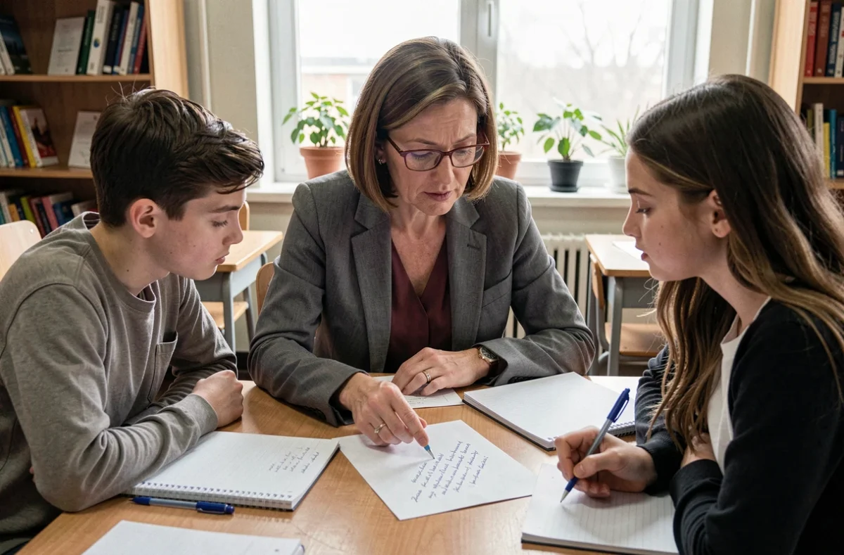 Professeure donnant des conseils à des élèves pour préparer un discours de délégué de classe