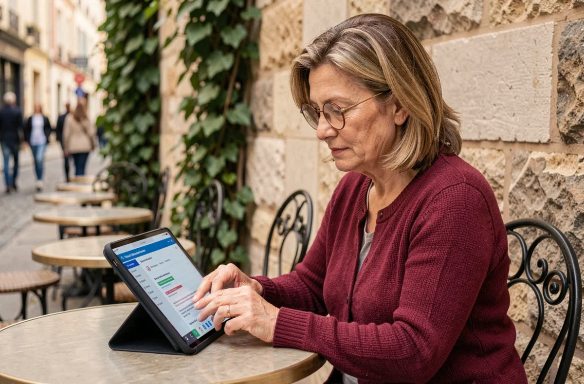 Une professeure consulte son dossier personnel IProf ac Montpellier sur une tablette en terrasse de café