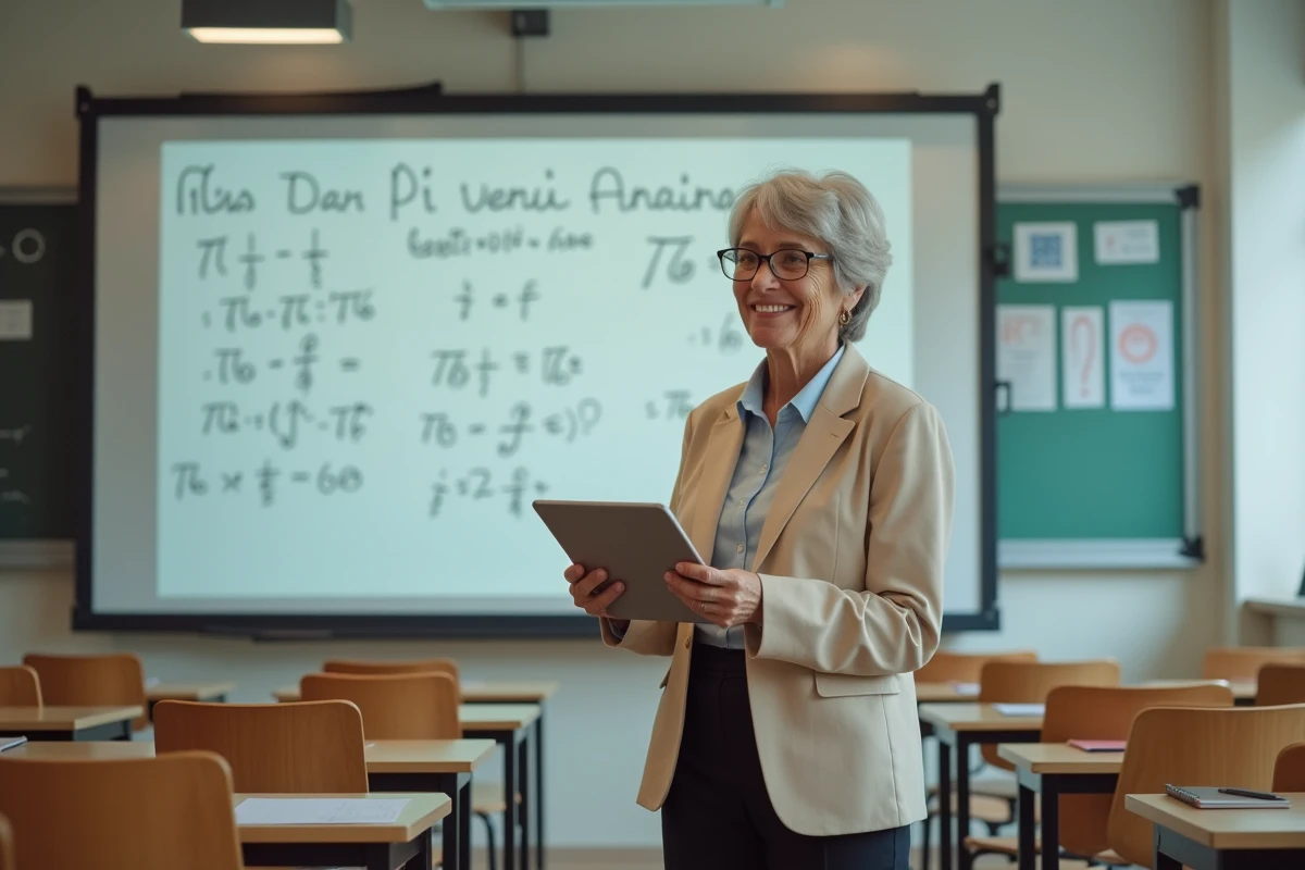 Professeure présentant le quiz des décimales de Pi d'Edmond Labbé dans une salle de classe moderne