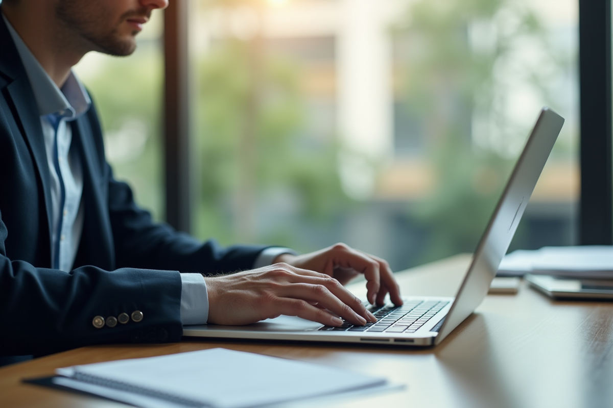 Professionnel en tenue élégante actualisant son CV sur un ordinateur portable