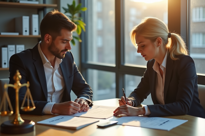 Professionnels en discussion de documents juridiques dans un bureau