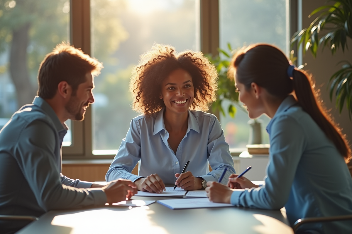 Trois professionnels divers en réunion dans un bureau lumineux