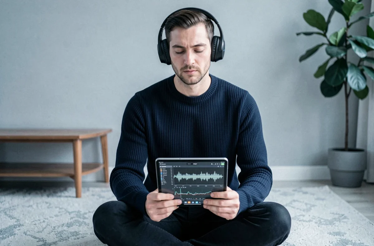 Homme jeune en train d'apprendre par l'audio avec un casque sans fil, représentant le profil auditif dans les styles d'apprentissage VAKOG