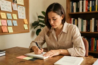 Femme adulte prenant des notes visuelles dans un bureau à domicile, illustrant le profil d'apprentissage visuel selon la méthode VAKOG