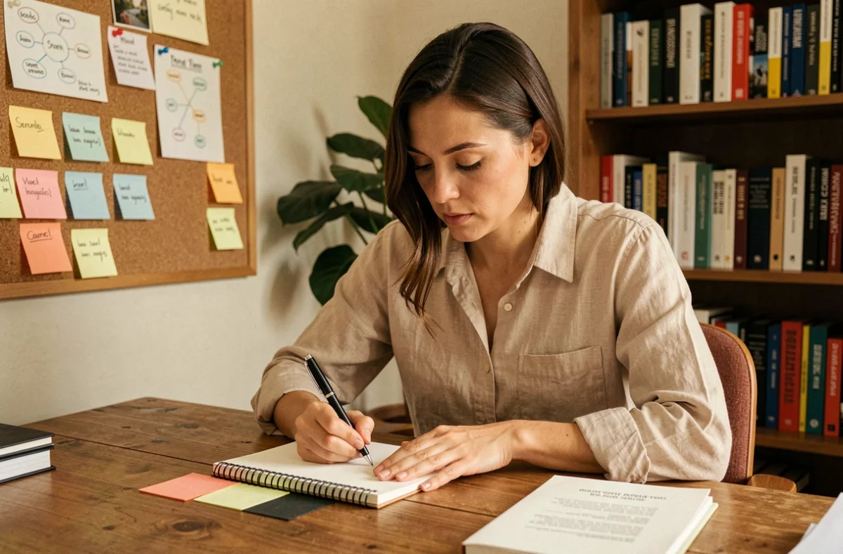 Femme adulte prenant des notes visuelles dans un bureau à domicile, illustrant le profil d'apprentissage visuel selon la méthode VAKOG