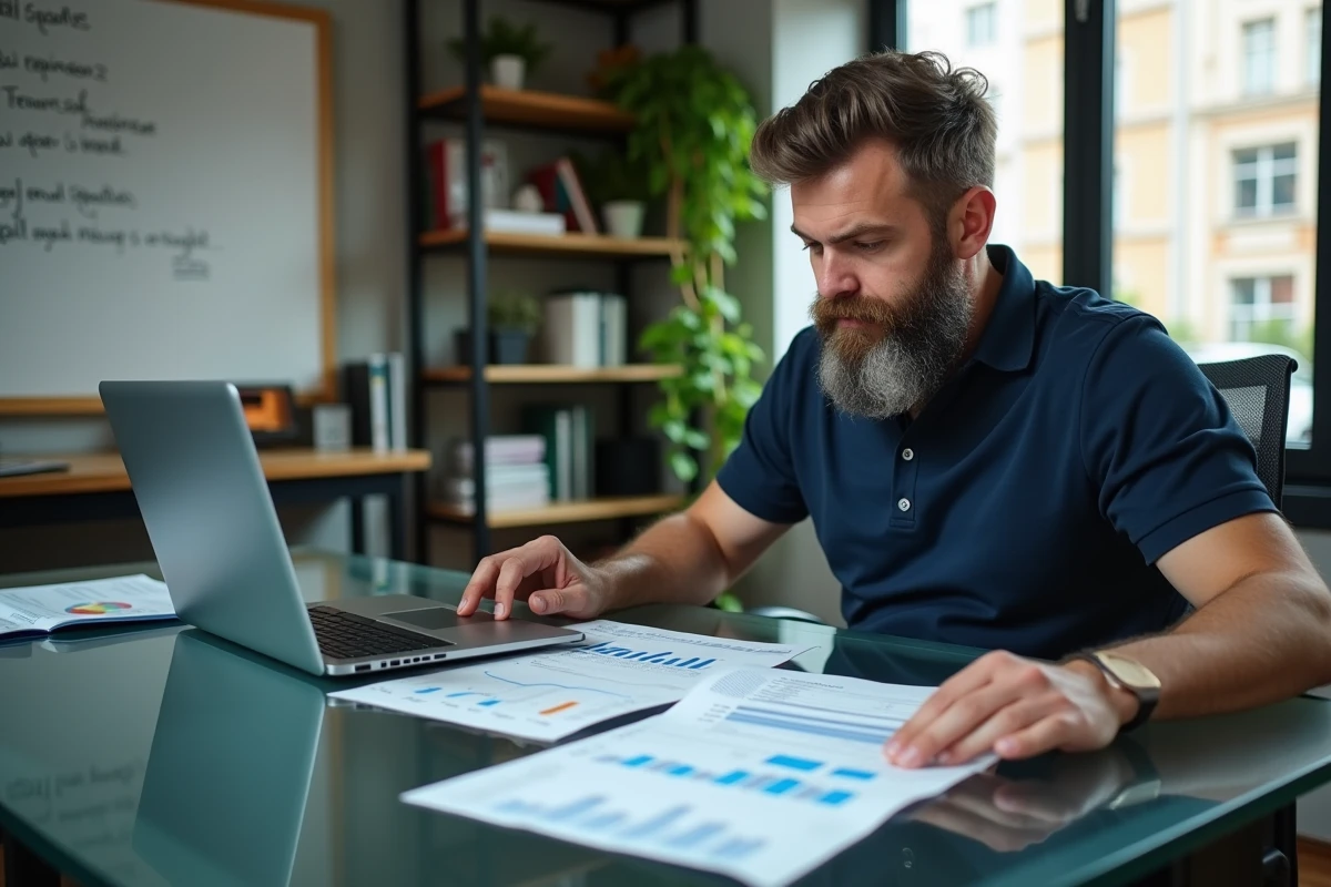 Entrepreneur comparant des feuilles de calcul de coûts d'abonnement email dans un bureau à domicile organisé