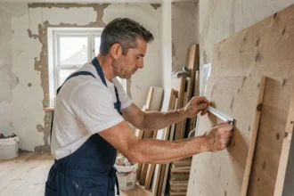 Homme bricoleur professionnel mesurant un panneau mural en bois dans une pièce en cours de rénovation