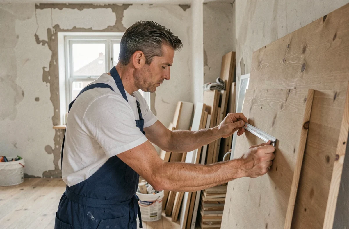 Homme bricoleur professionnel mesurant un panneau mural en bois dans une pièce en cours de rénovation