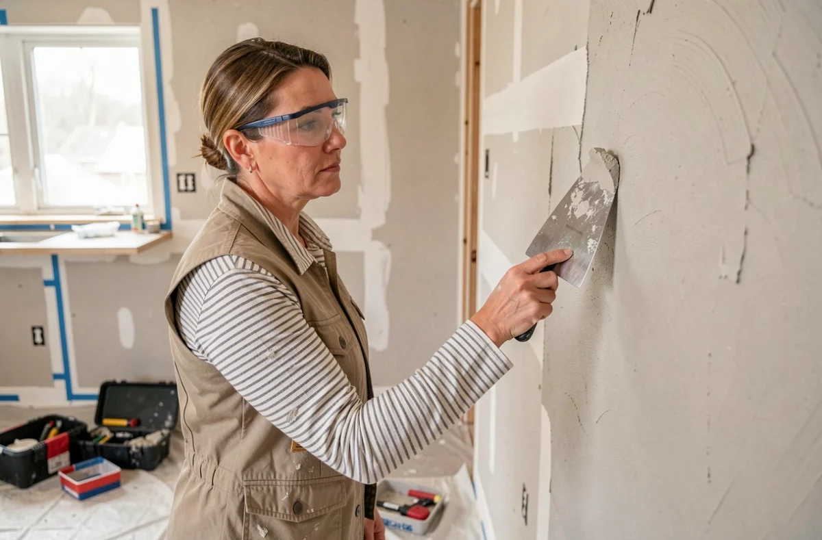 Femme appliquant de l'enduit sur un mur en plâtre lors d'une rénovation intérieure de cuisine