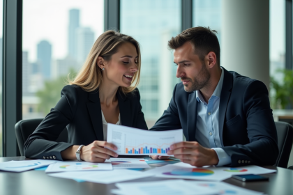 Femme et homme en réunion finance dans un bureau moderne