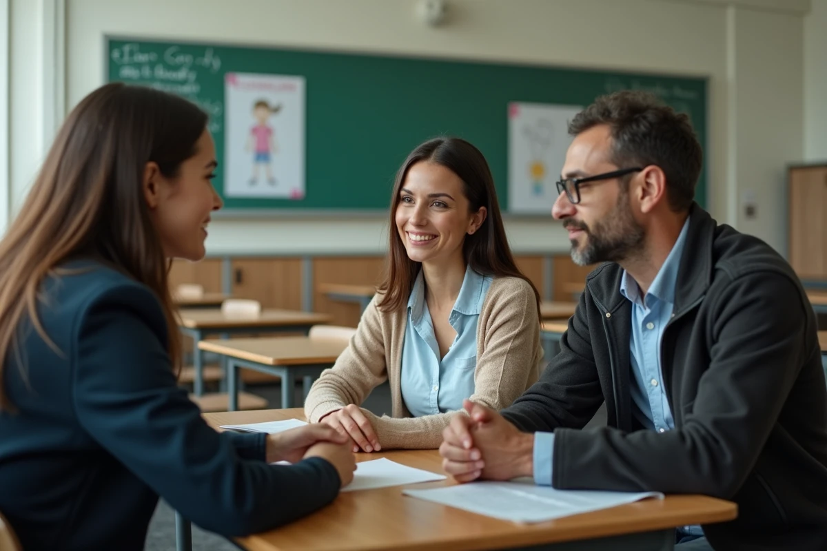 Réunion parents-professeur dans une salle de classe d'un lycée normand