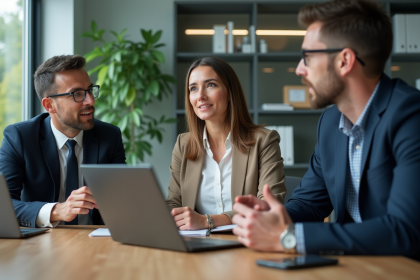 Trois professionnels en réunion dans un bureau moderne