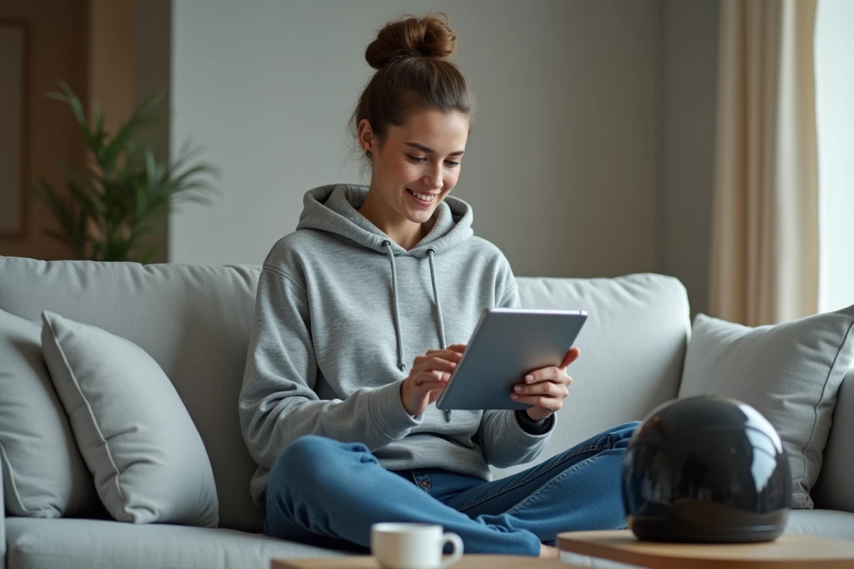 Femme révisant le code de la route pour moto sur une tablette depuis son salon avec un casque moto posé sur la table basse