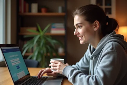 Jeune femme révisant le code de la route en ligne sur un ordinateur portable chez elle