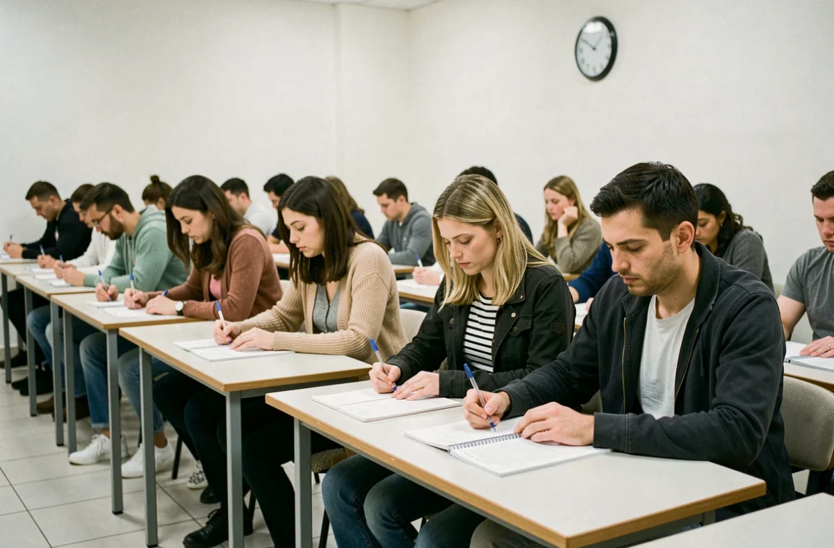 Groupe de candidats adultes passant un examen TOEIC chronométré dans une salle d'examen officielle avec horloge murale