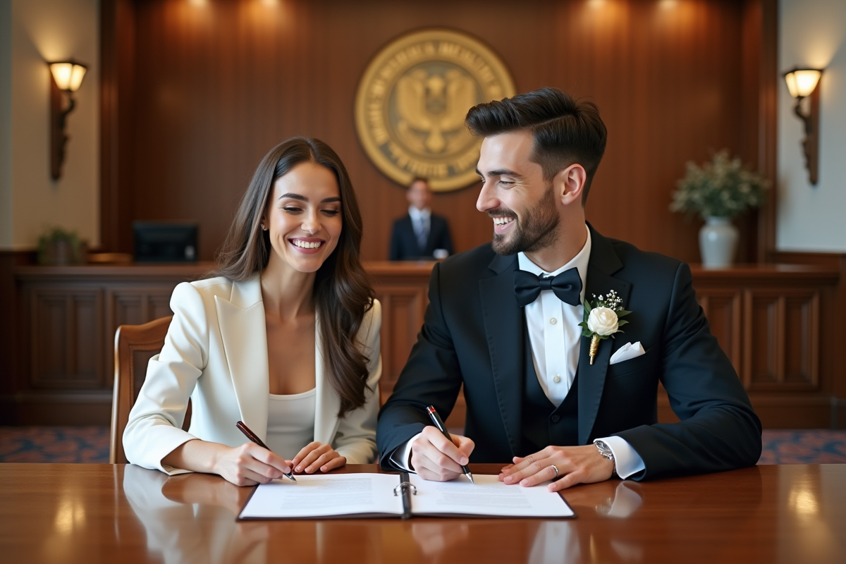 Jeune couple signant un registre dans une mairie moderne