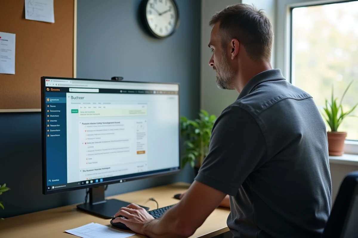 Stagiaire GRETA consultant sa plateforme Egreta Moodle sur un ordinateur de bureau dans une salle d'étude
