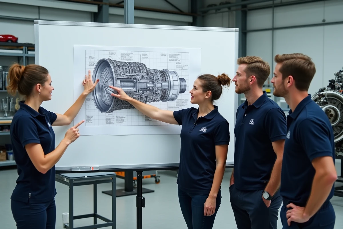 Groupe de stagiaires en formation aéronautique discutant d'un schéma de moteur d'avion dans un atelier pédagogique de la MFJA Maison de la formation Jacqueline Auriol