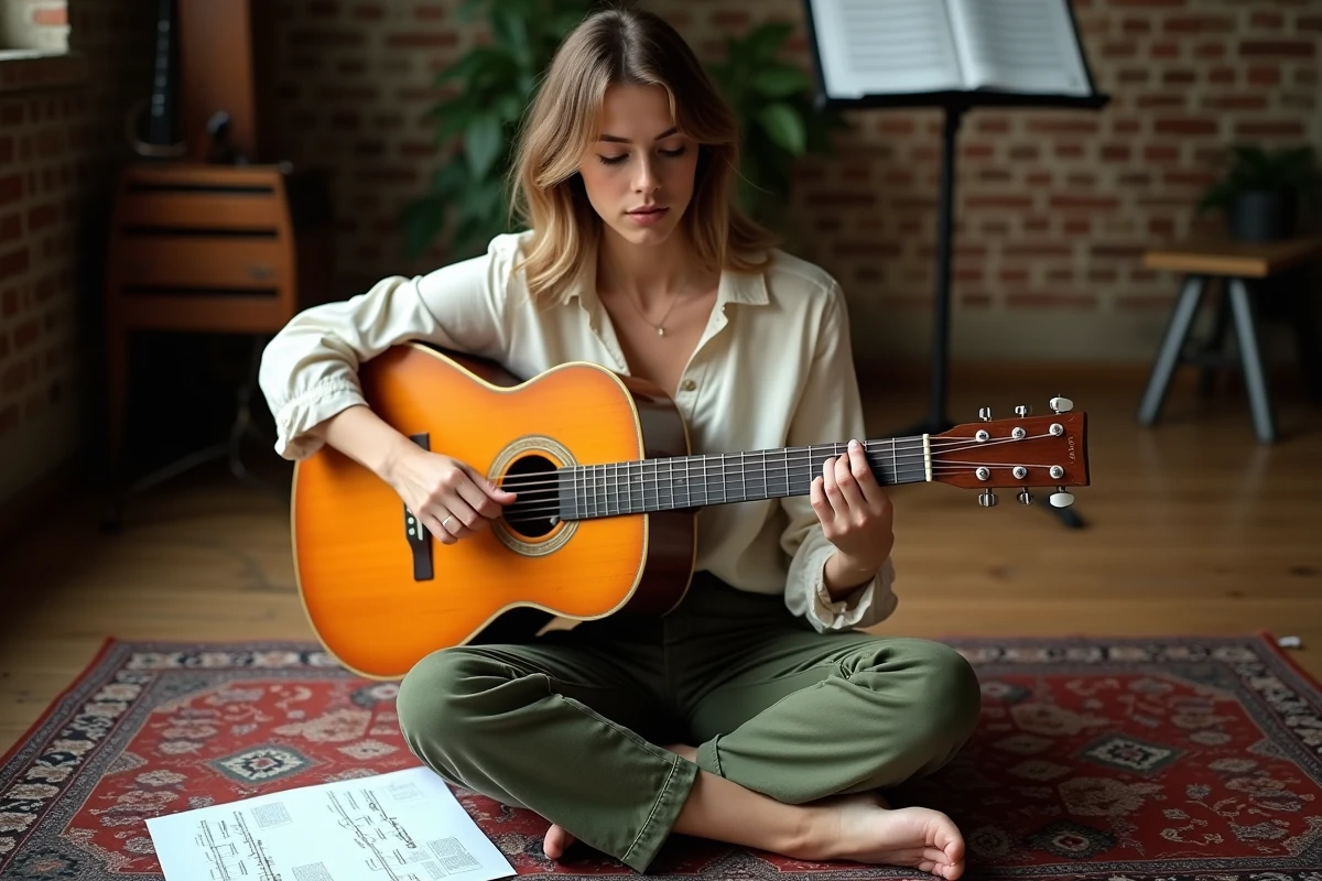 Jeune femme étudiant une tablature de guitare en arpèges posée sur le sol d'un studio de musique, guitare acoustique vintage entre les mains
