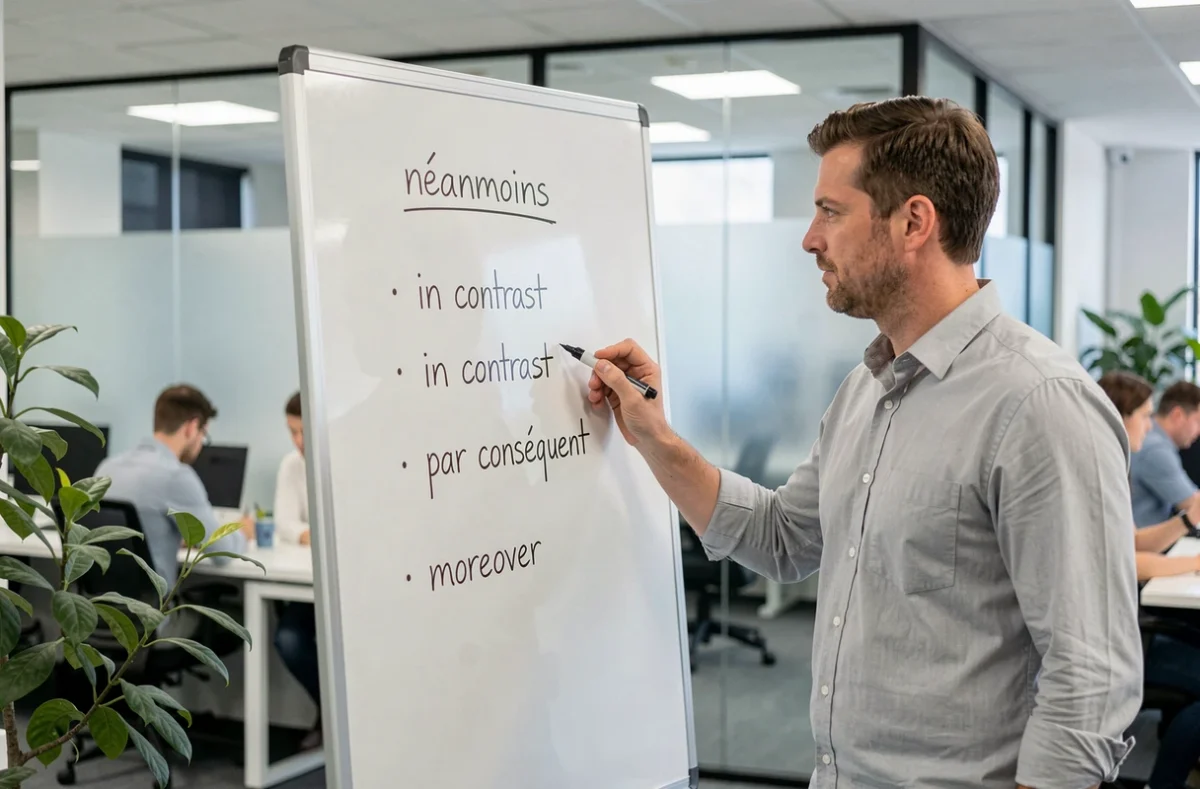 Professionnel écrivant une liste de connecteurs logiques bilingues sur un tableau blanc dans un bureau moderne
