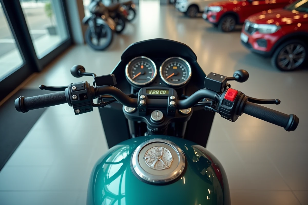 Gros plan sur le tableau de bord et le badge 125cc d'un scooter en showroom, mettant en valeur la cylindrée réglementaire