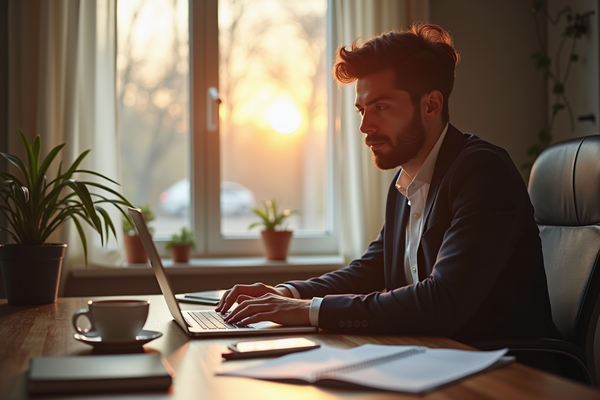 Professionnel concentré travaillant à domicile dans un bureau minimaliste
