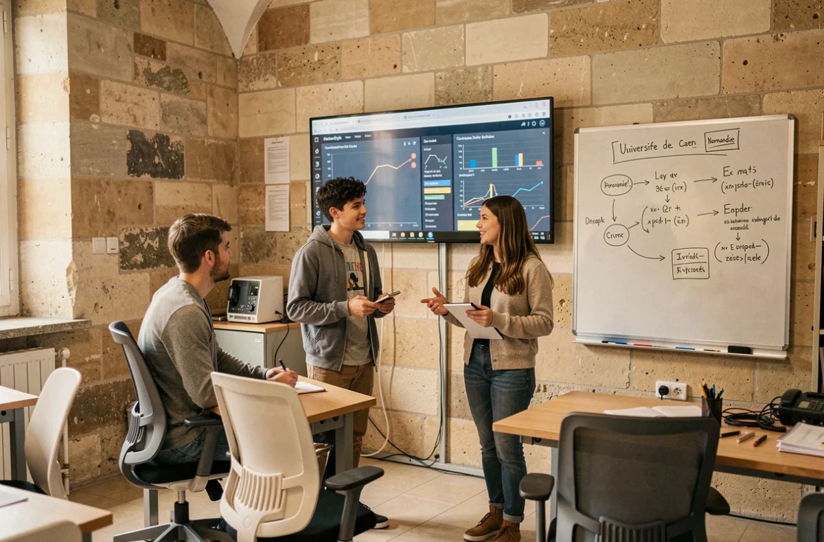 Deux étudiants collaborant devant un tableau de bord numérique dans un laboratoire informatique de l'Université de Caen Normandie
