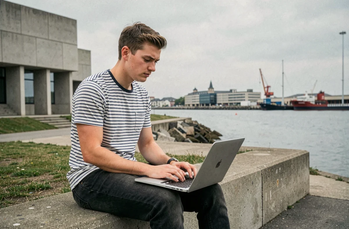 Étudiant en informatique sur le campus de l'Université Le Havre Normandie avec vue sur le port