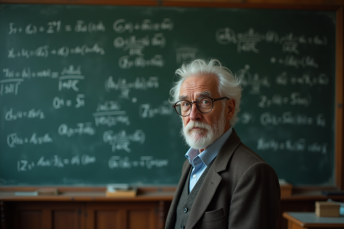 Scientifique agee en salle de classe ancienne avec equations