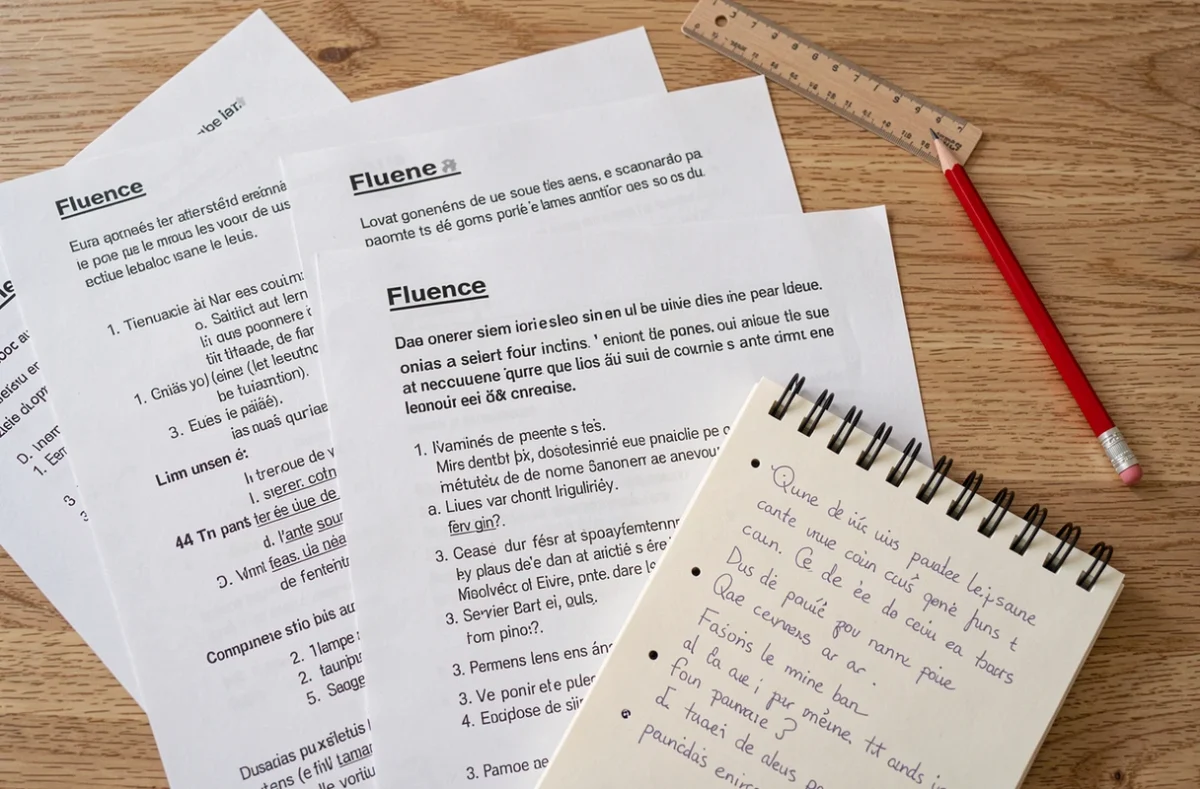 Vue aérienne de textes Fluence imprimés, cahier et crayon sur une table en bois, supports d'entraînement à la lecture