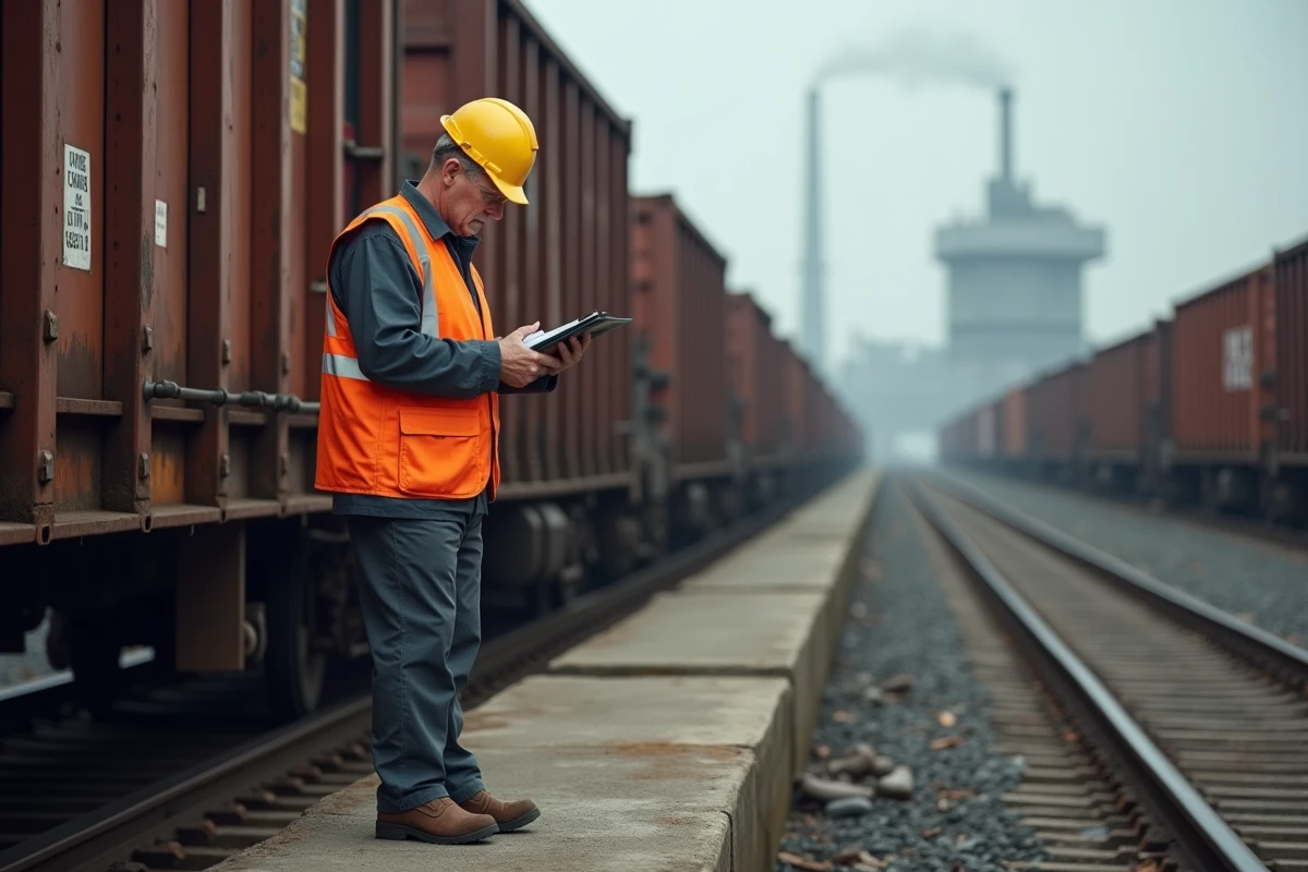 Wagoniste ferroviaire en gilet orange inspectant des wagons de fret sur un quai industriel
