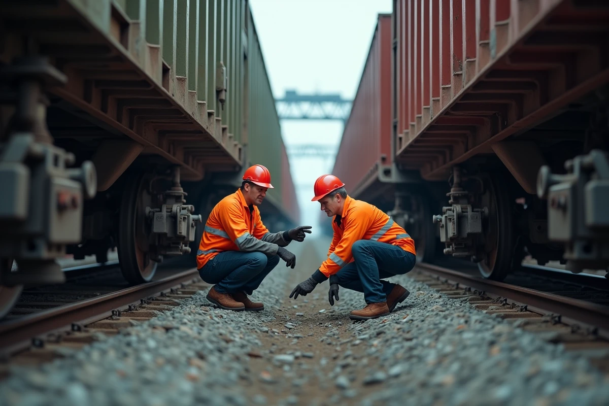 Deux wagonistes inspectant l'attelage entre wagons de marchandises dans un terminal ferroviaire